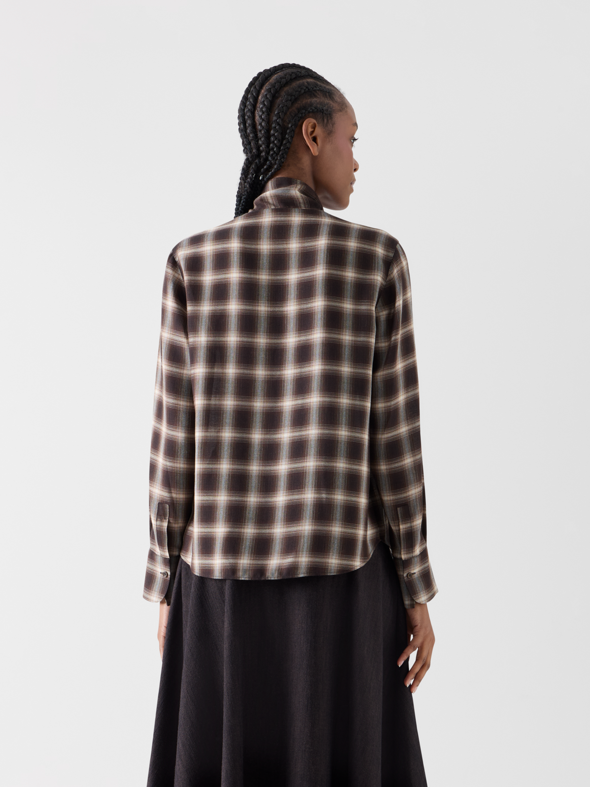Designer Plaid Blouse in Wool Shelley with Bow Collar - brown - multicolor #editorial