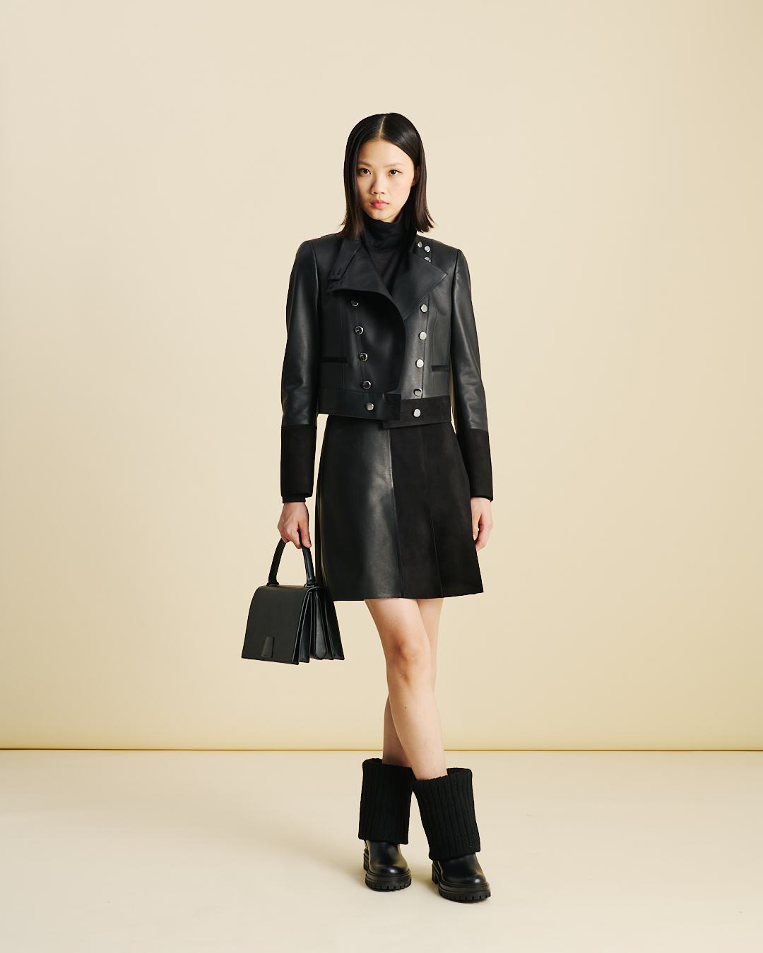 Designer Half-Pleated Leather and Suede Mini Skirt - black - neutral 