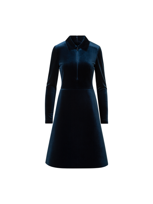 Designer Short Velvet Neoprene A-Line Shirt Dress - neutral - navy - blue