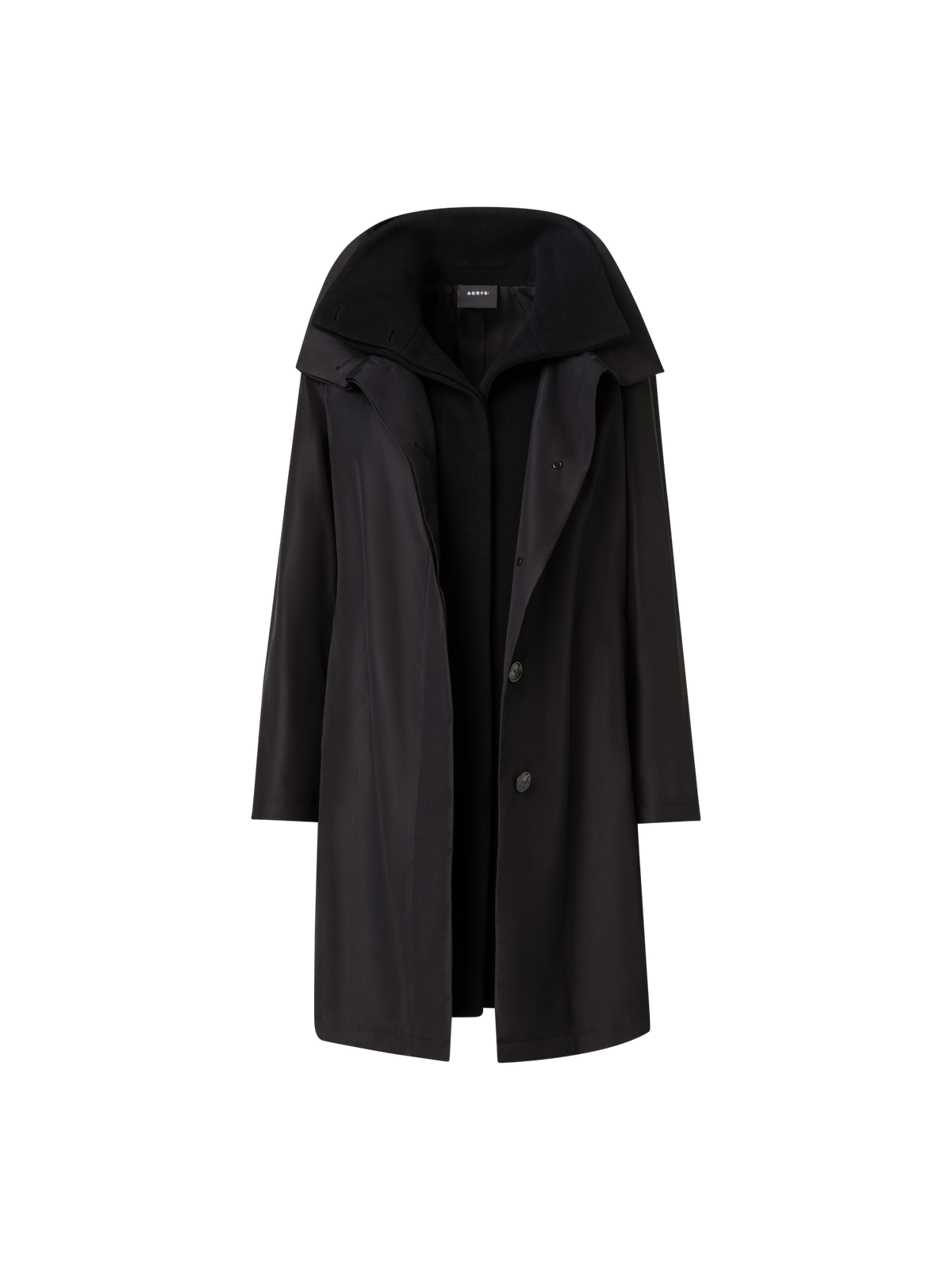 Designer Layered Wool Coat with Removable Silk Layer - black