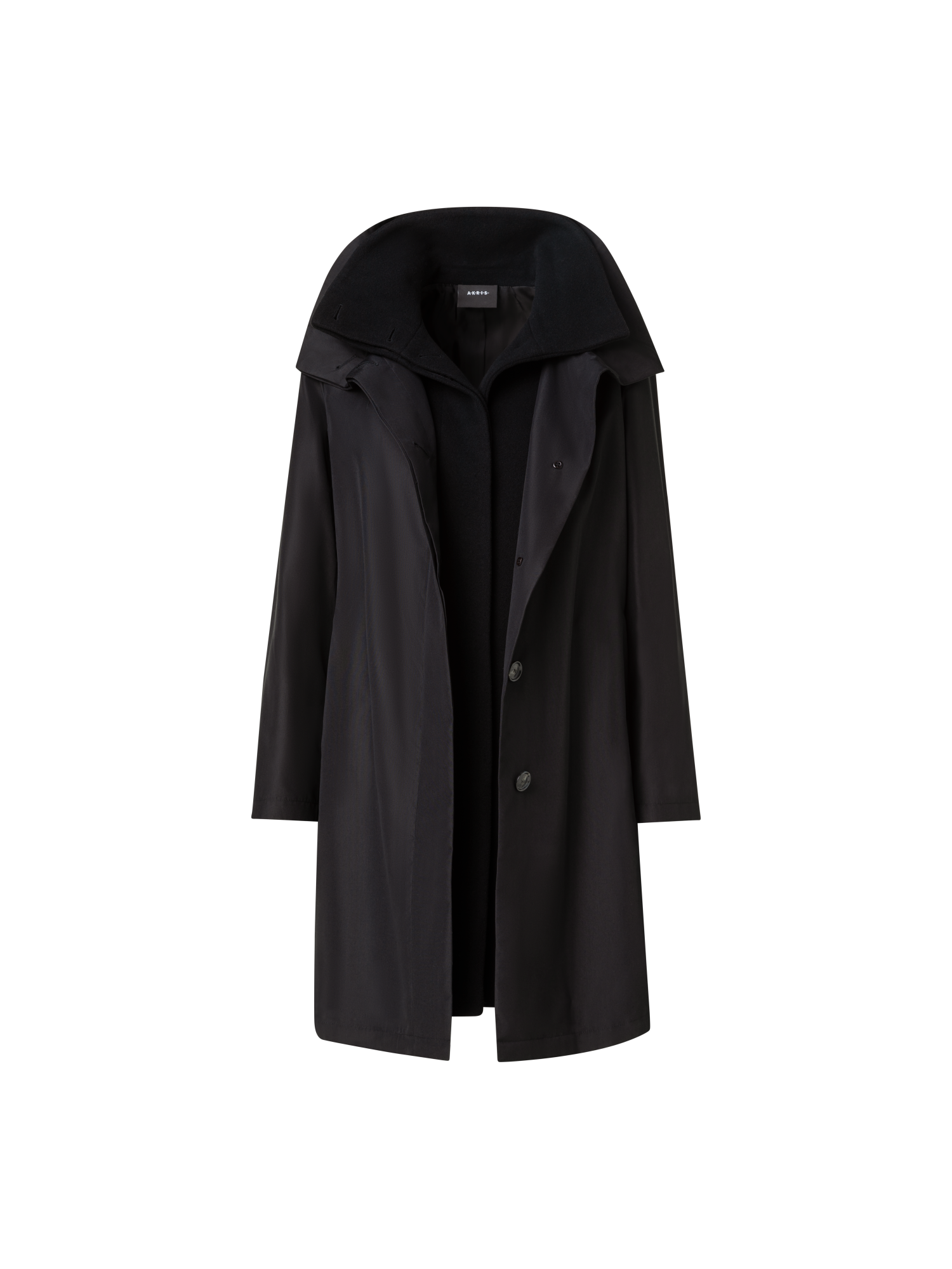 Designer Layered Wool Coat with Removable Silk Layer - black