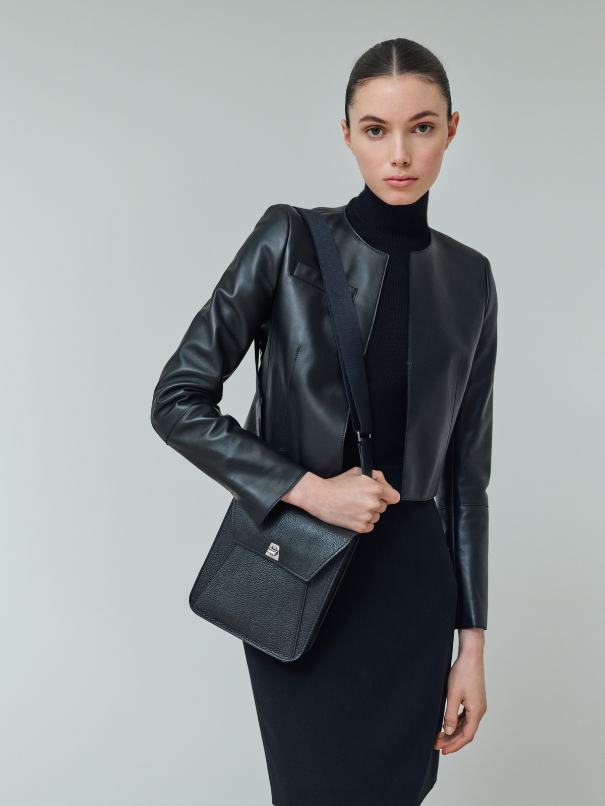 Designer Cropped Leather Jacket - black #editorial
