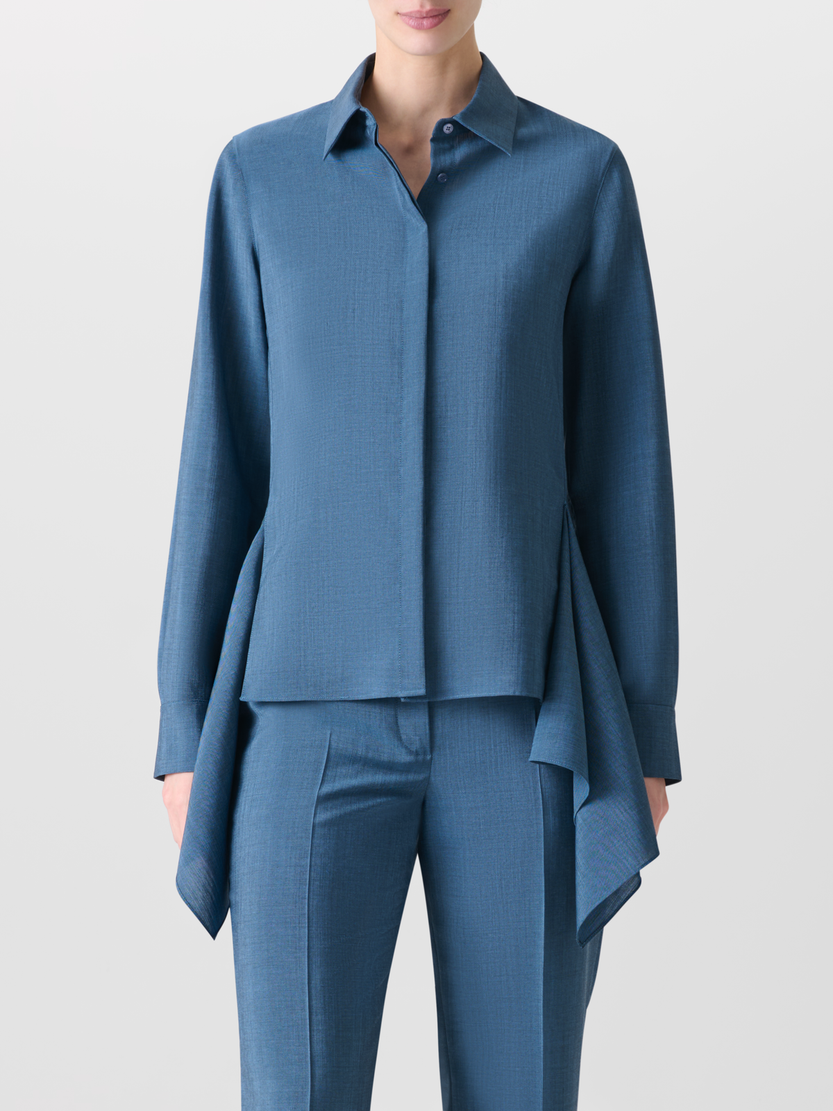 Designer Asymmetrical Blouse in Cool Wool - blue