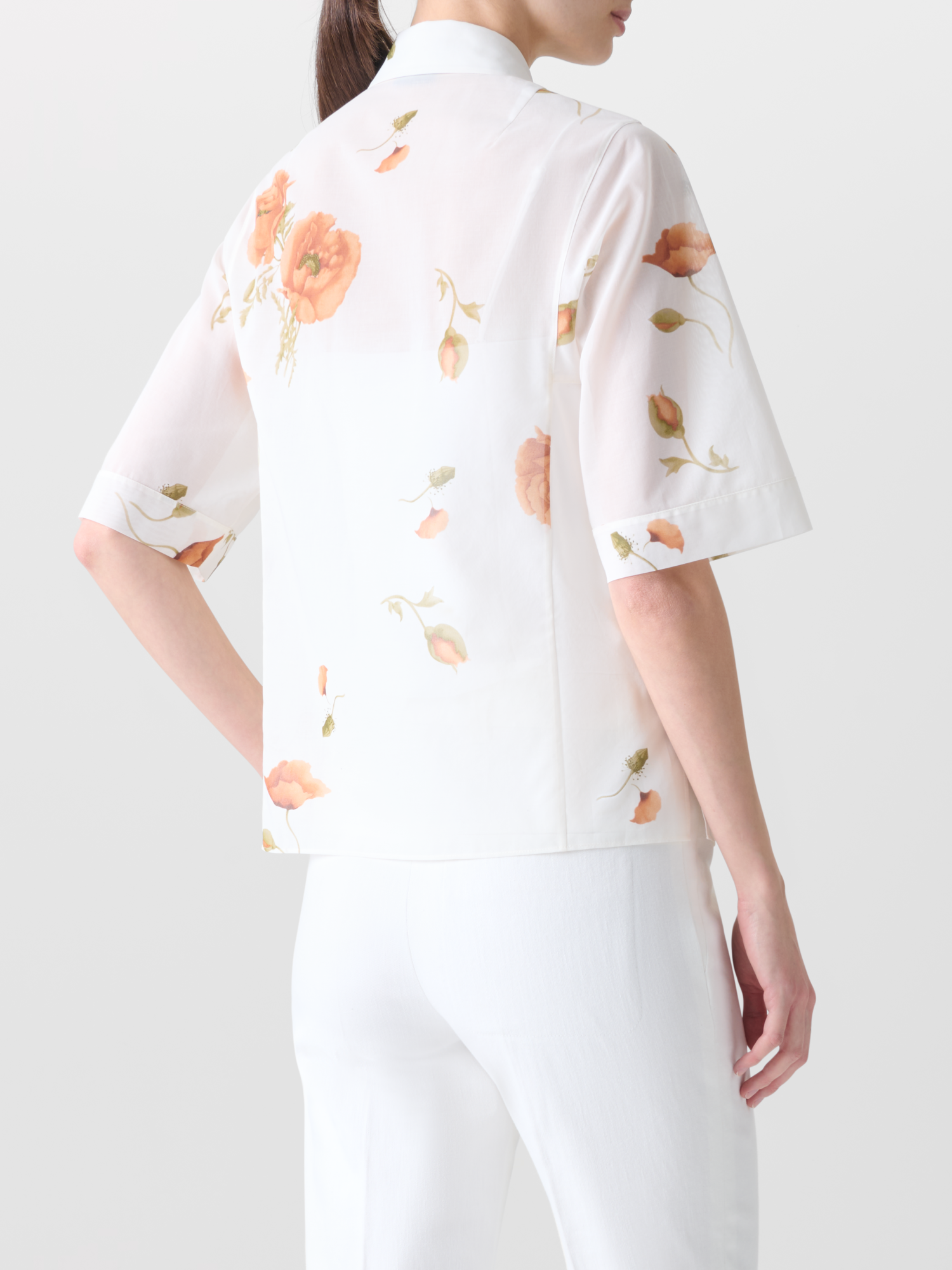 Designer Boxy Cotton Blouse with Anemone Print - neutral - pastel - multicolor - ecru - white