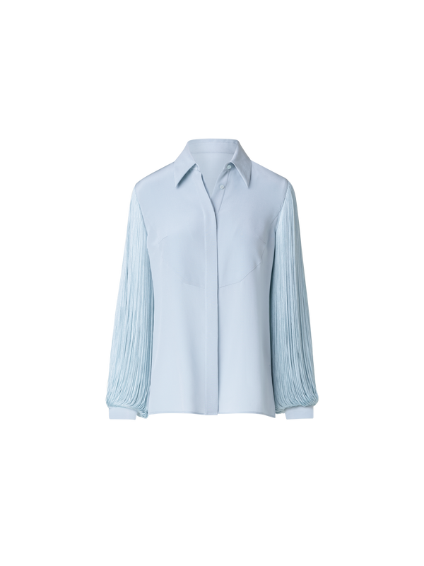 Designer Silk Blouse with Fringe Sleeves - blue
