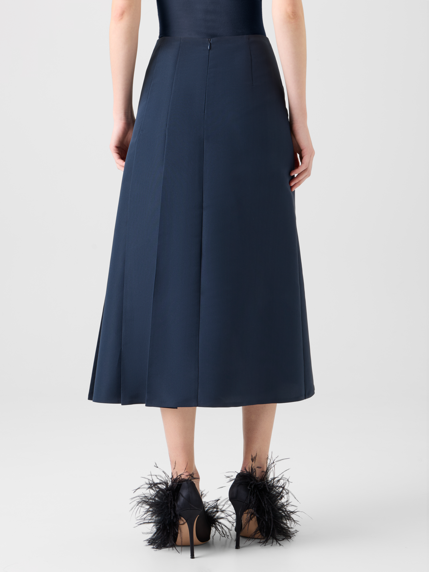 Designer Half-Pleated Ottoman Silk Midi Skirt - neutral - navy - blue 
