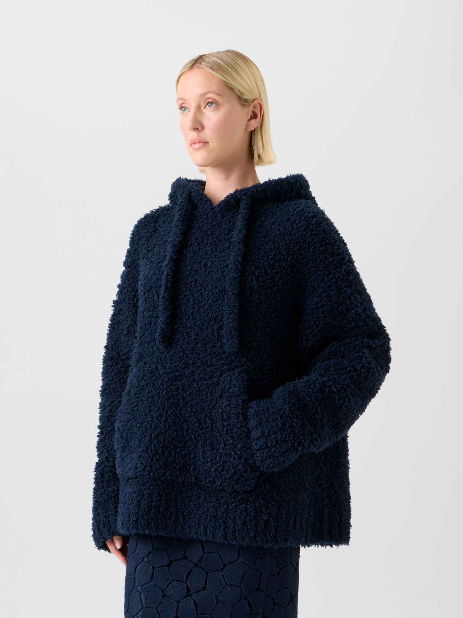 Designer Oversized Wool Plush Knit Hoodie - neutral - navy - blue 