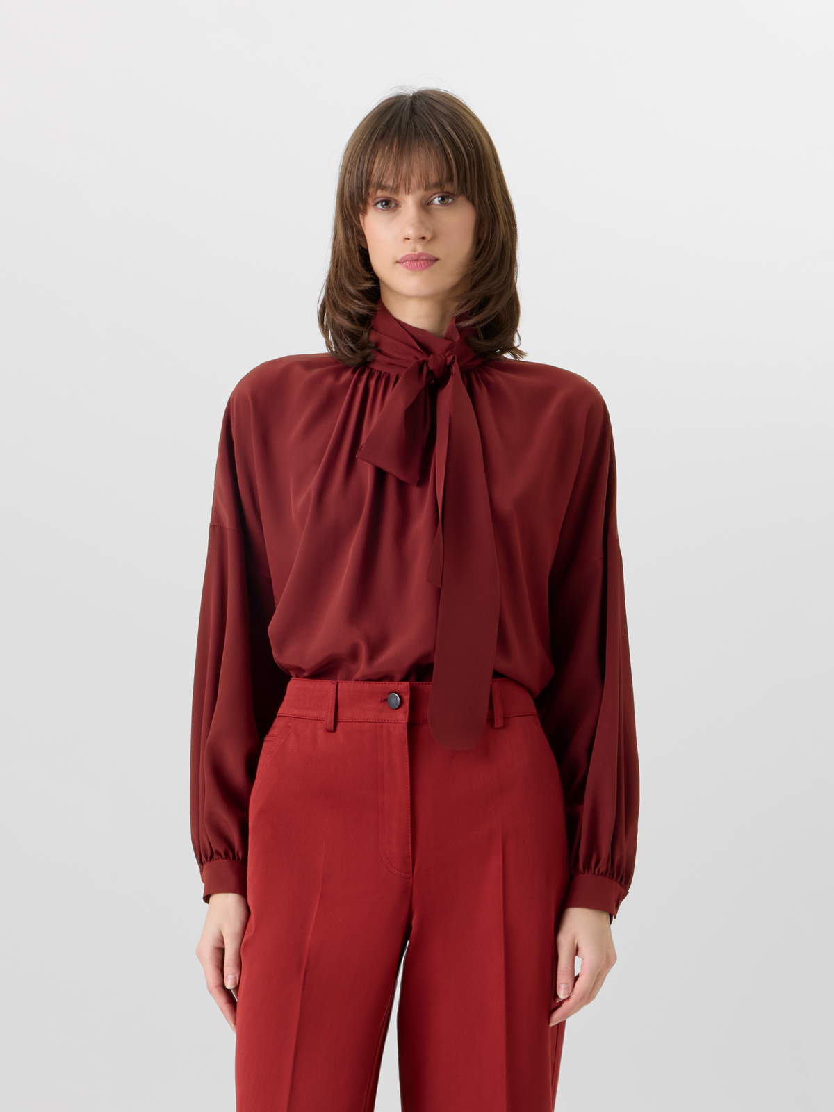 Designer Long-Sleeve Silk Crêpe de Chine Blouse - red #editorial