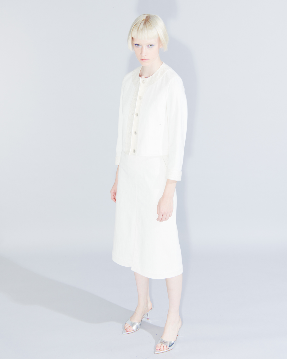 Designer Cotton Denim A-Line Skirt with Tweed Detail - ecru - white #editorial