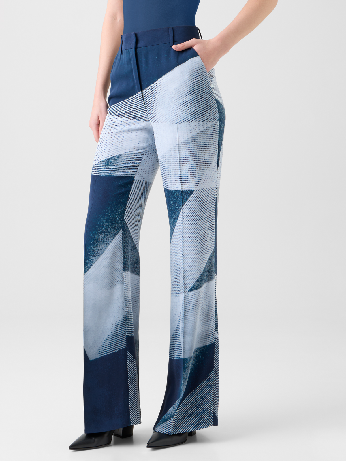 Designer Wide Straight Silk Pants in Zigzag Print - neutral - navy - blue - multicolor #editorial