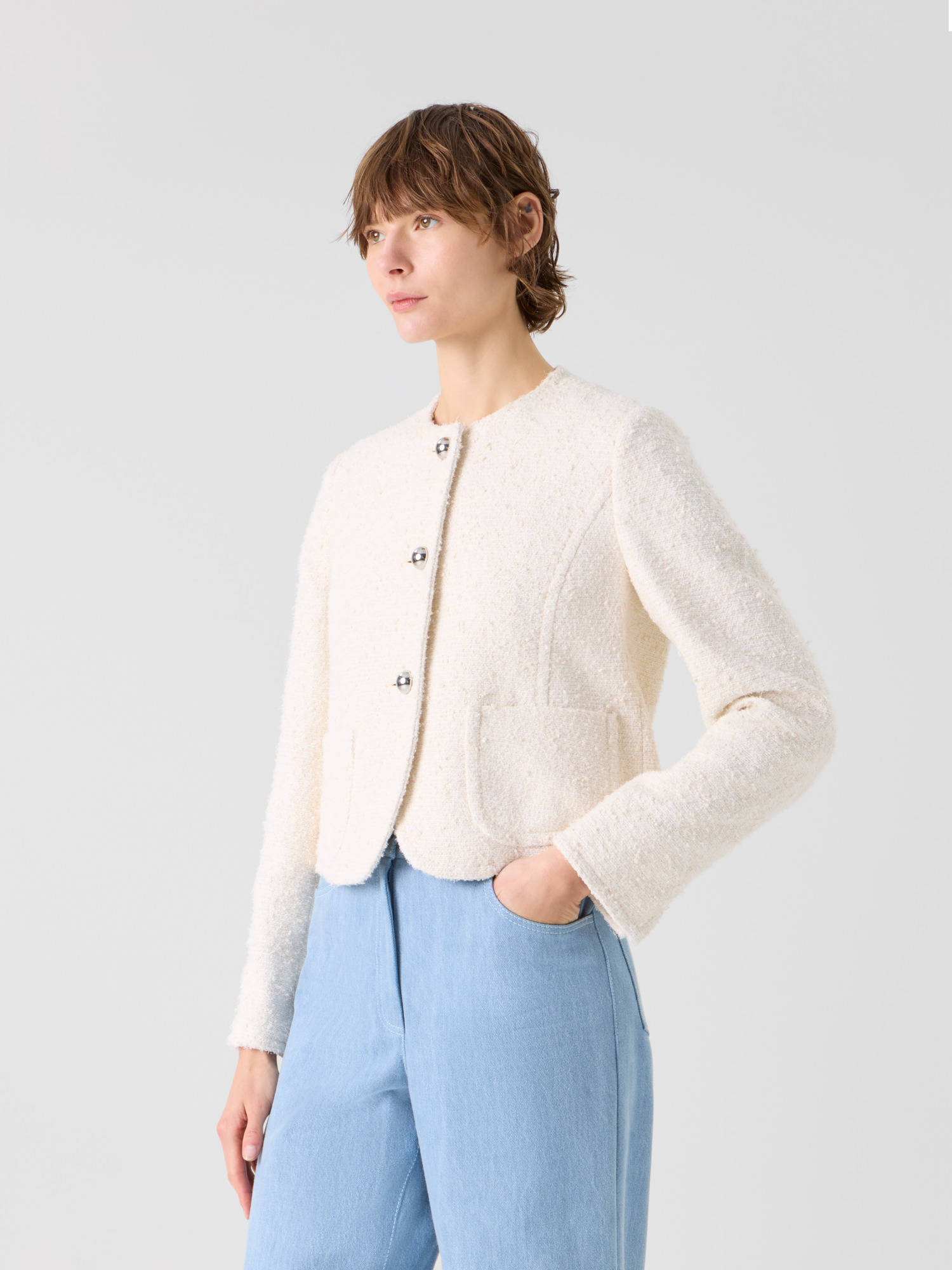 Designer Boxy Bouclé Cotton Summer Jacket - ecru