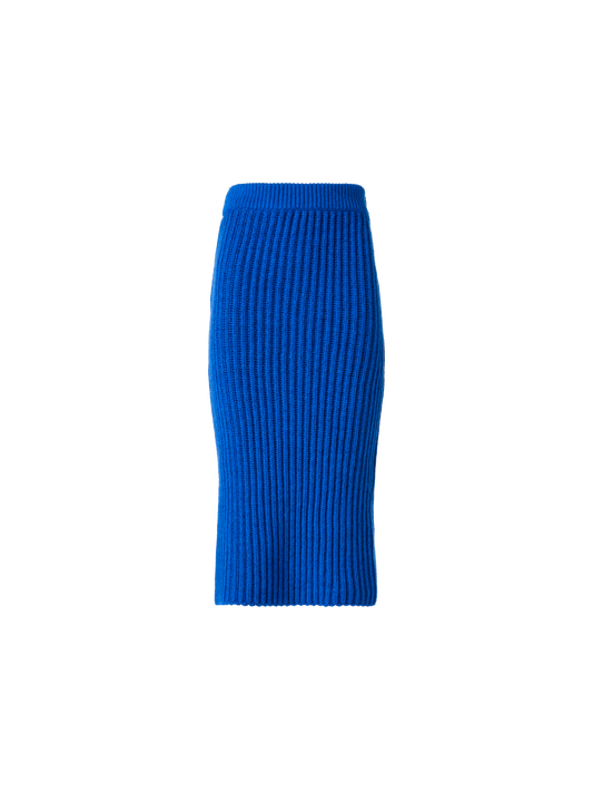Designer Fitted Cashmere Chunky Rib Knit Tube Skirt - blue