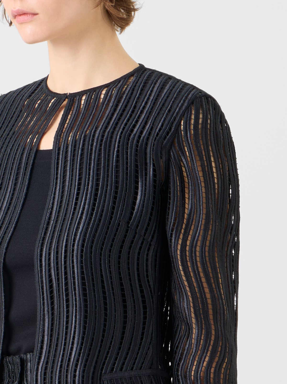 Designer Hekka Long Sheer Wave Guipure Jacket - black #editorial