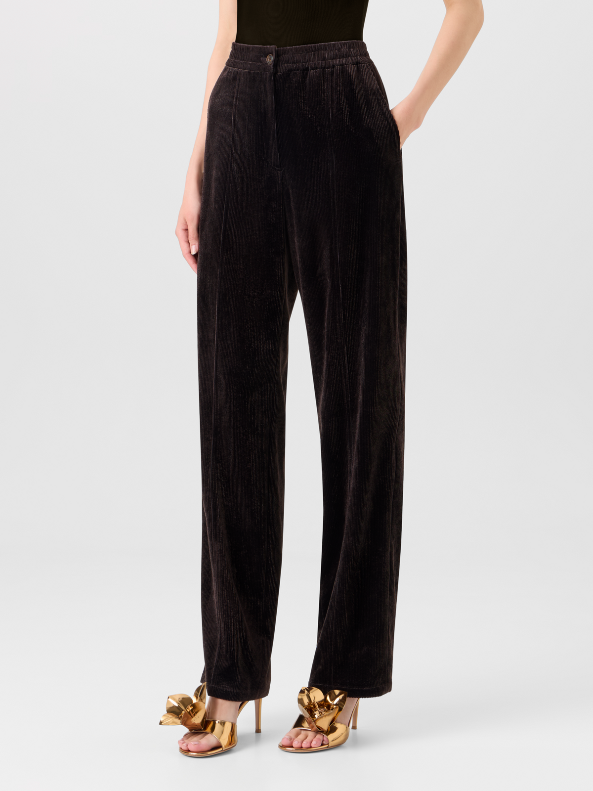 Designer Pants with Elastic Waist in Viscose Corduroy - brown 