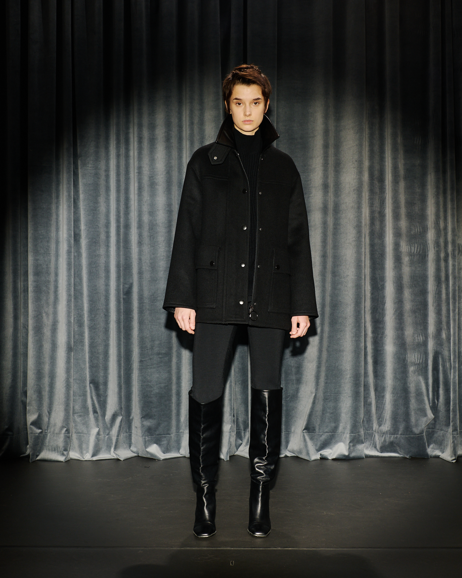 Designer Felted Wool Jacket with Faux Leather Collar - black - neutral