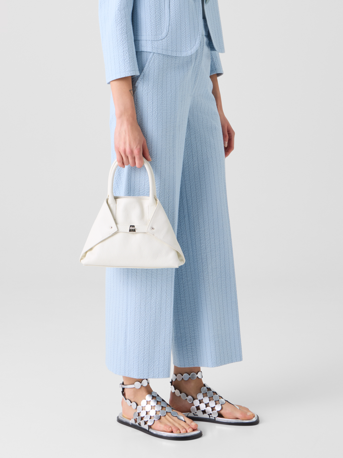 Designer Chiara High-Rise Cropped Wide Leg Seersucker Pants - pastel - blue #editorial