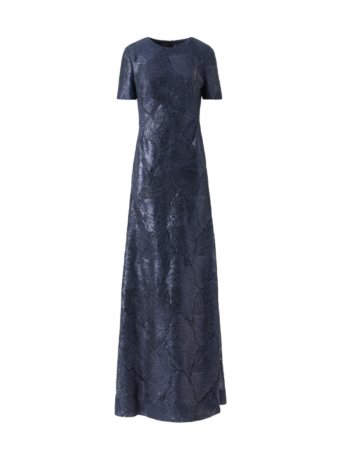 Designer Techno Lacquered Sea Fan Lace Evening Gown - navy - blue