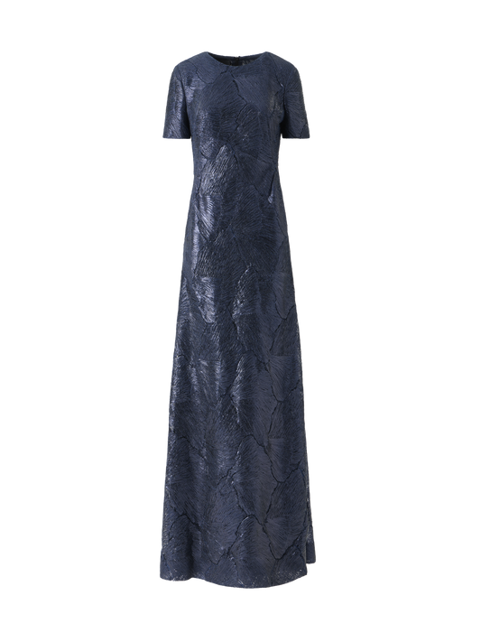 Designer Techno Lacquered Sea Fan Lace Evening Gown - navy - blue