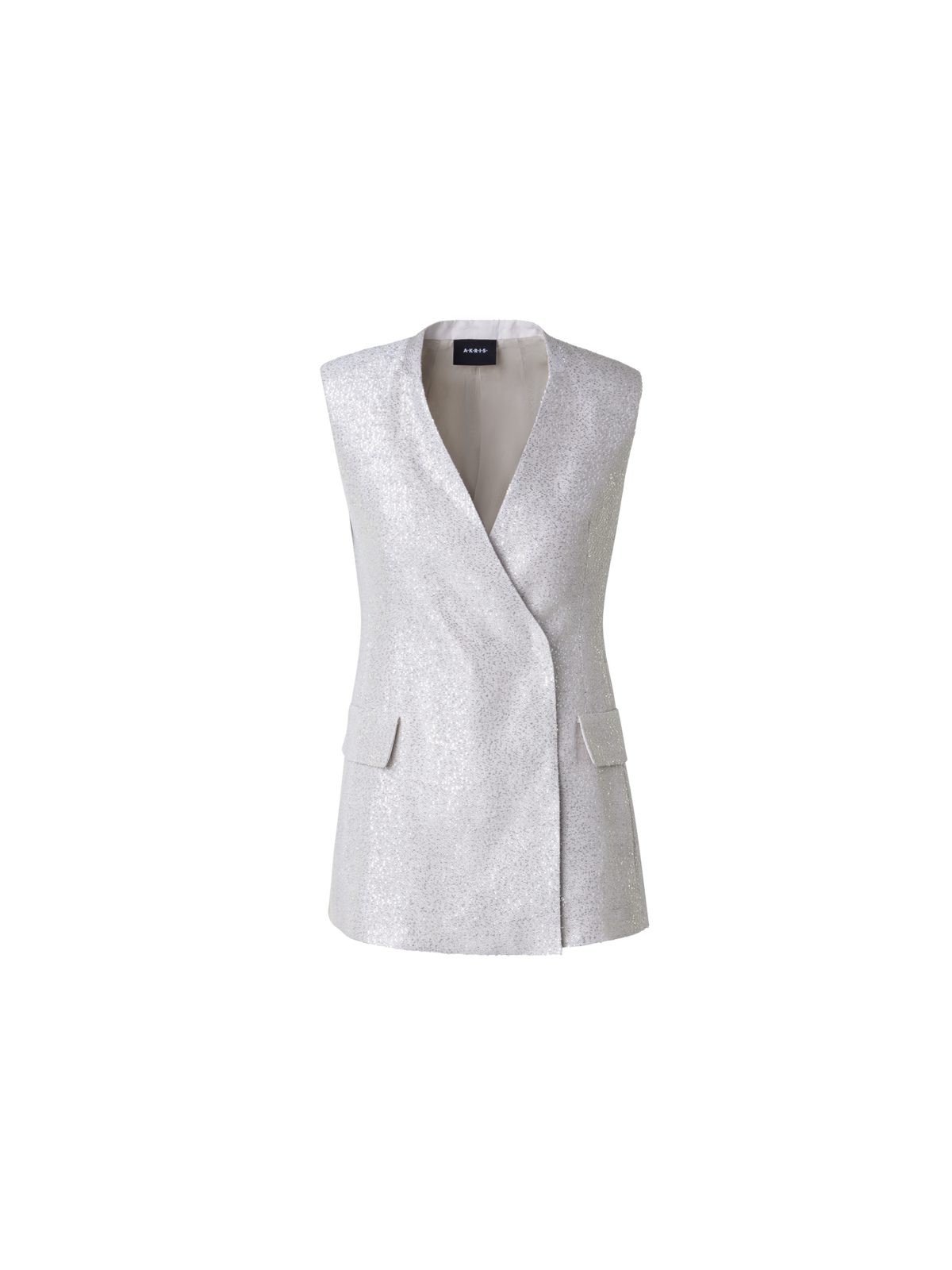 Designer Long Linen Blend Gilet with Sequins - grey