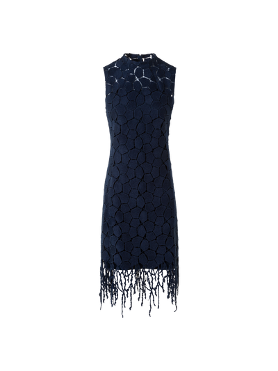 Designer Fringe Sheath Dress in Lapis Lazuli Embroidery - neutral - navy - blue