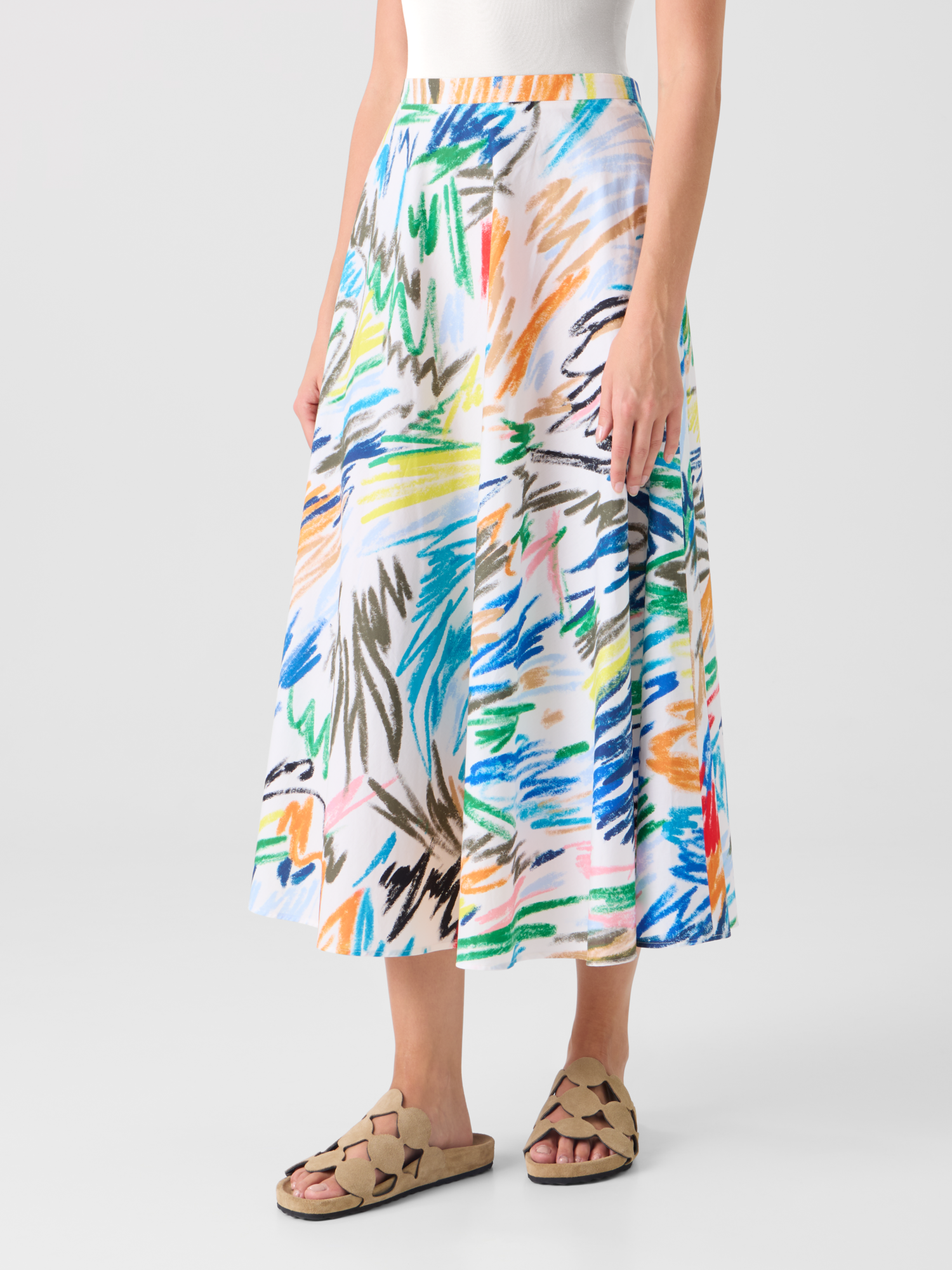 Designer Scribble Print Cotton Midi Skirt - multicolor - ecru 