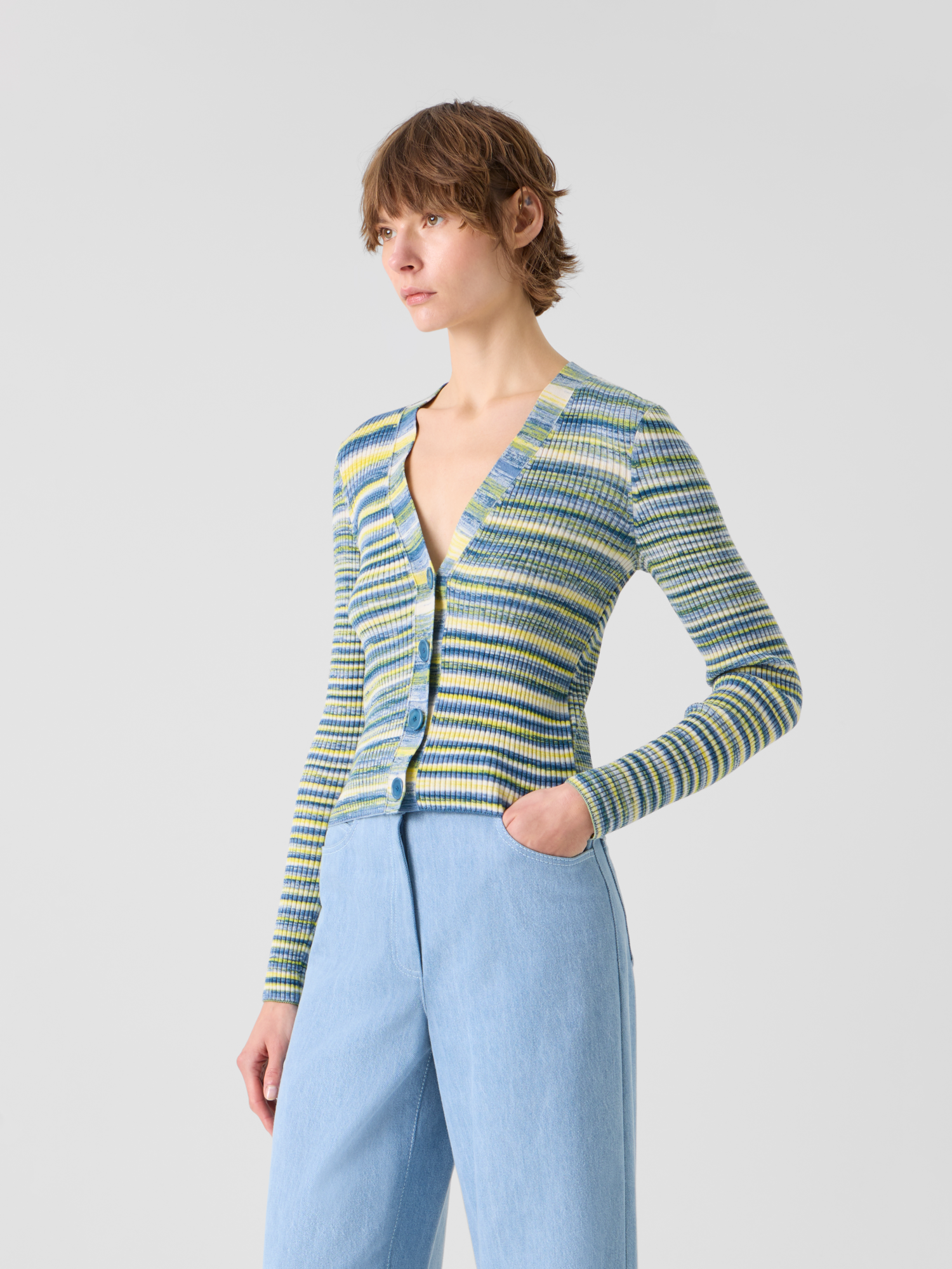 Designer Space-Dye Rib Merino Wool Knit Cardigan - multicolor