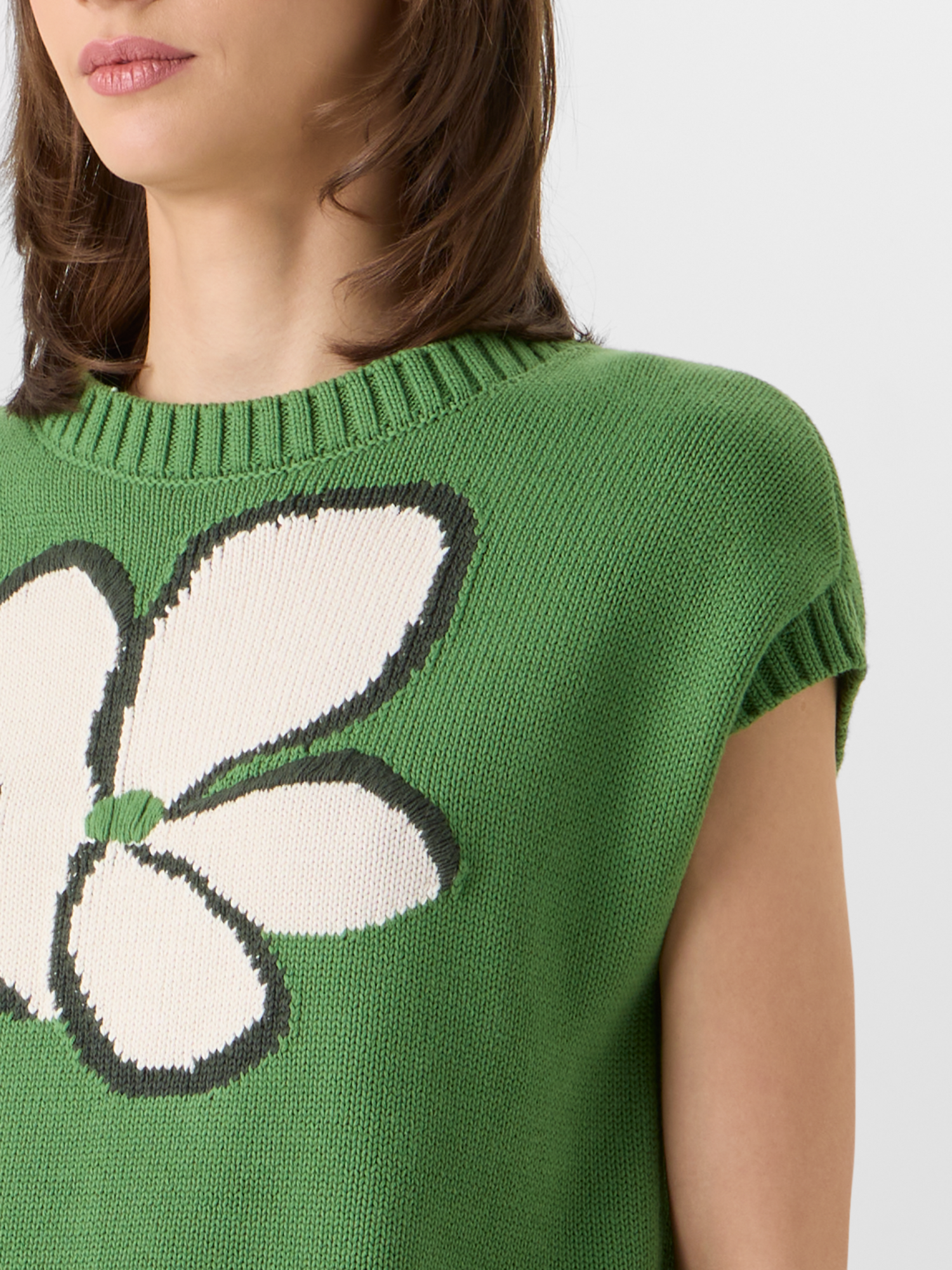 Designer Cap-Sleeve Papercut Flower Knit Sweater - green 