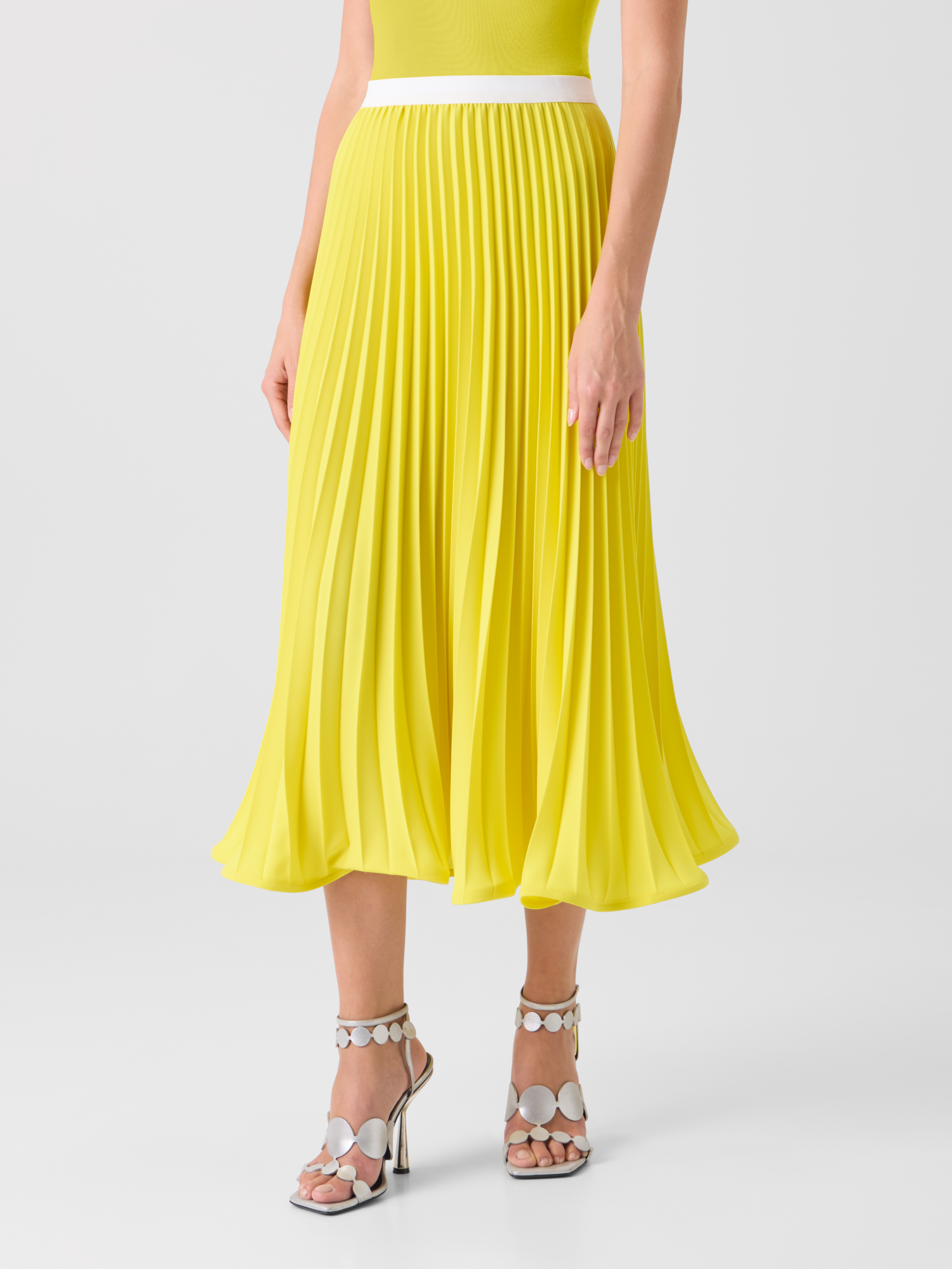 Designer A-Line Plissé Pleated Midi Skirt - yellow 