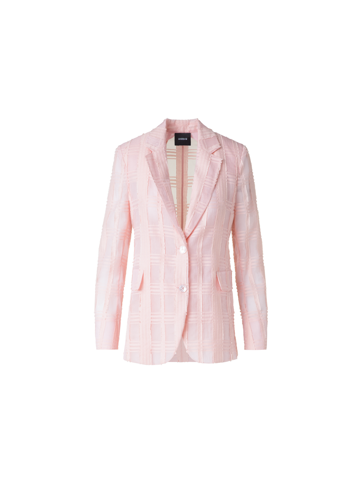 Designer Long Blazer Jacket in Sheer Cotton Plaid - pastel - pink