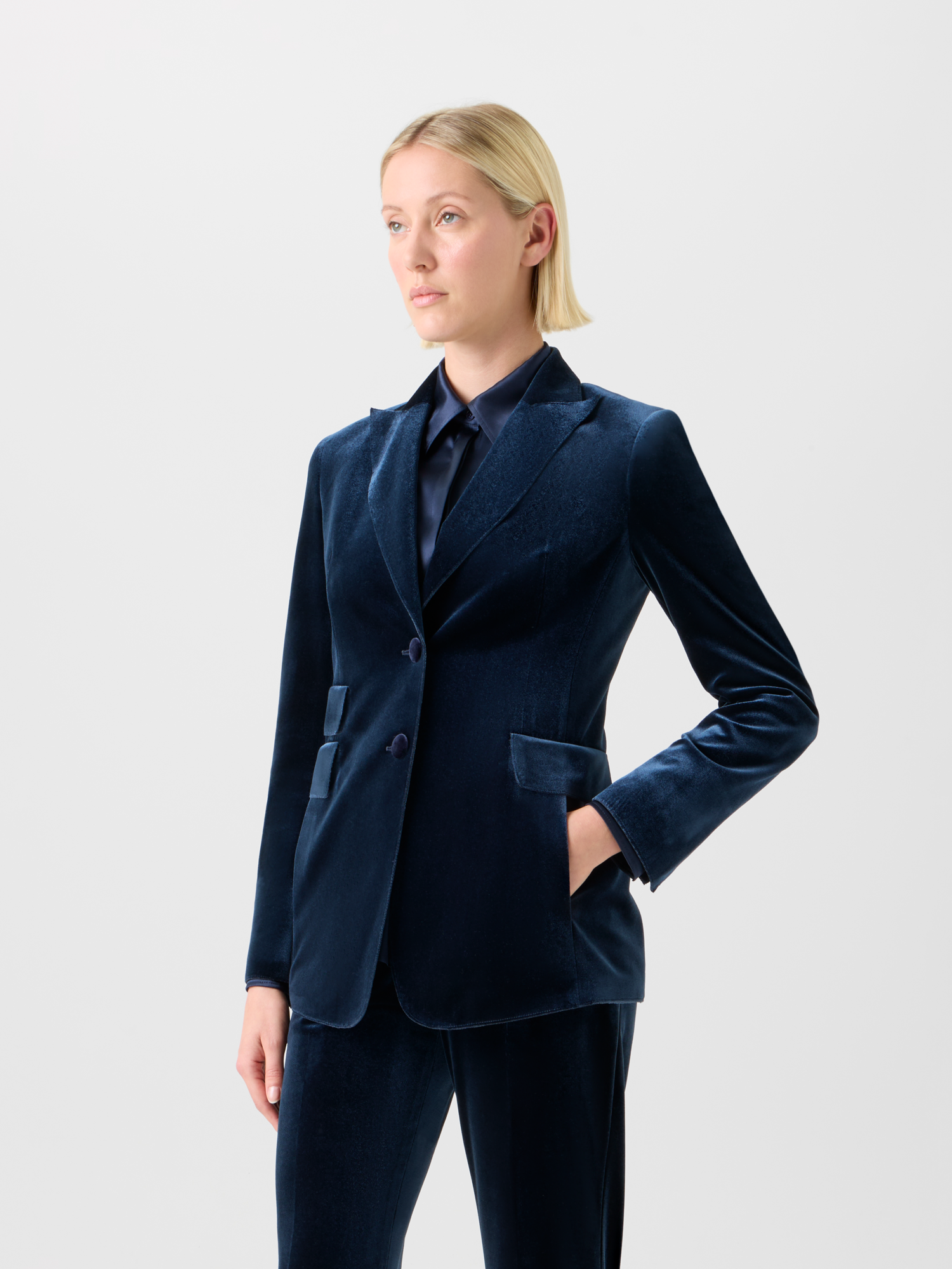 Designer Long Stretch Techno Velvet Blazer Jacket - neutral - navy - blue 