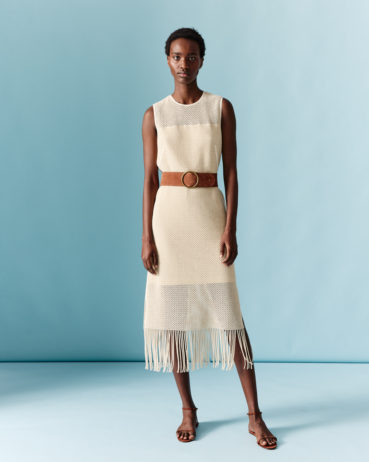 Designer Midi Dress in Cotton Mesh with Fringes - neutral - pastel - beige #editorial