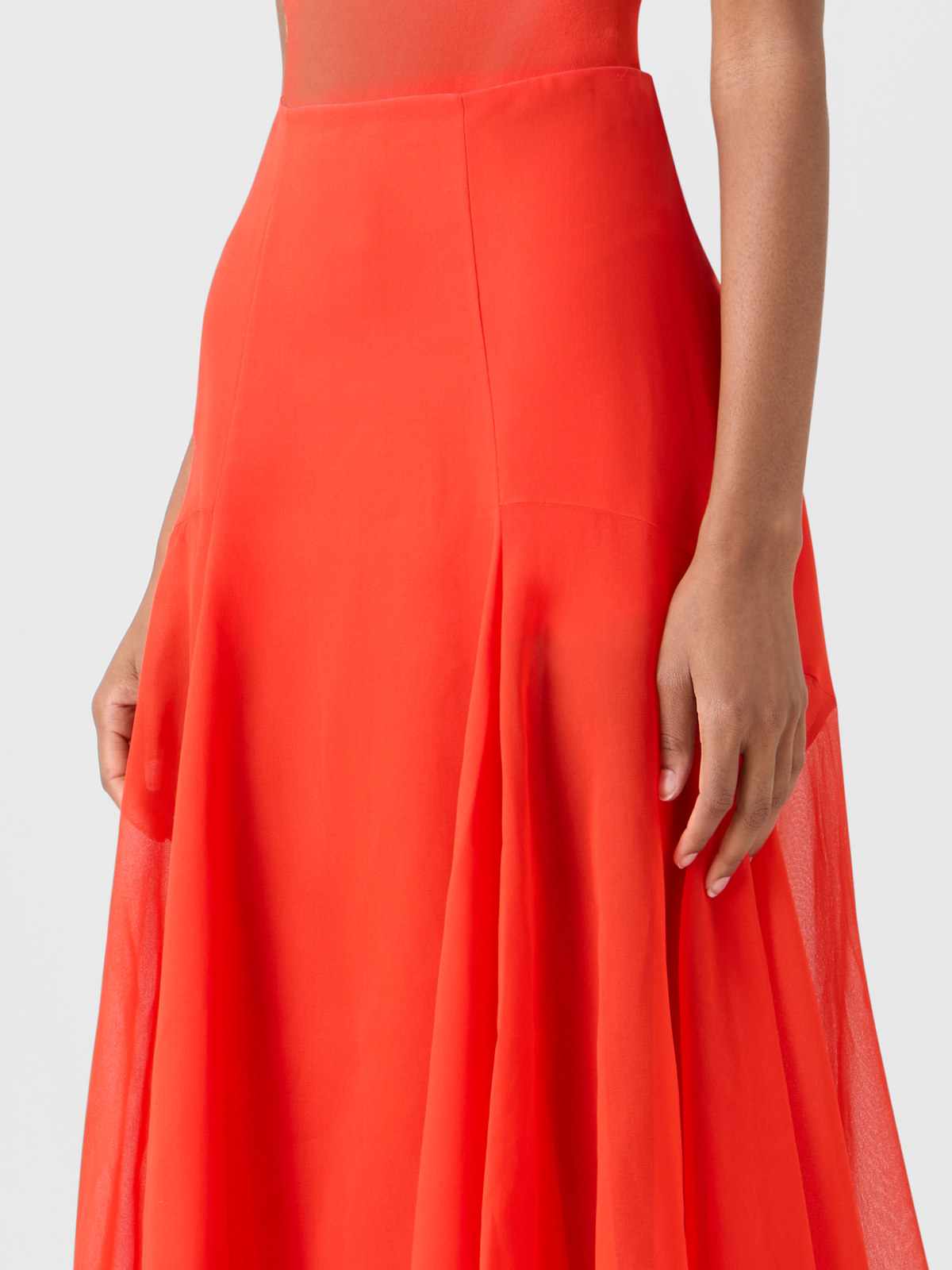 Designer Flared Midi Skirt in Silk Organza - red #editorial