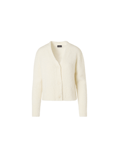 Designer Bracelet-Sleeve Cashmere-Silk Bouclé Knit Short Cardigan - ecru