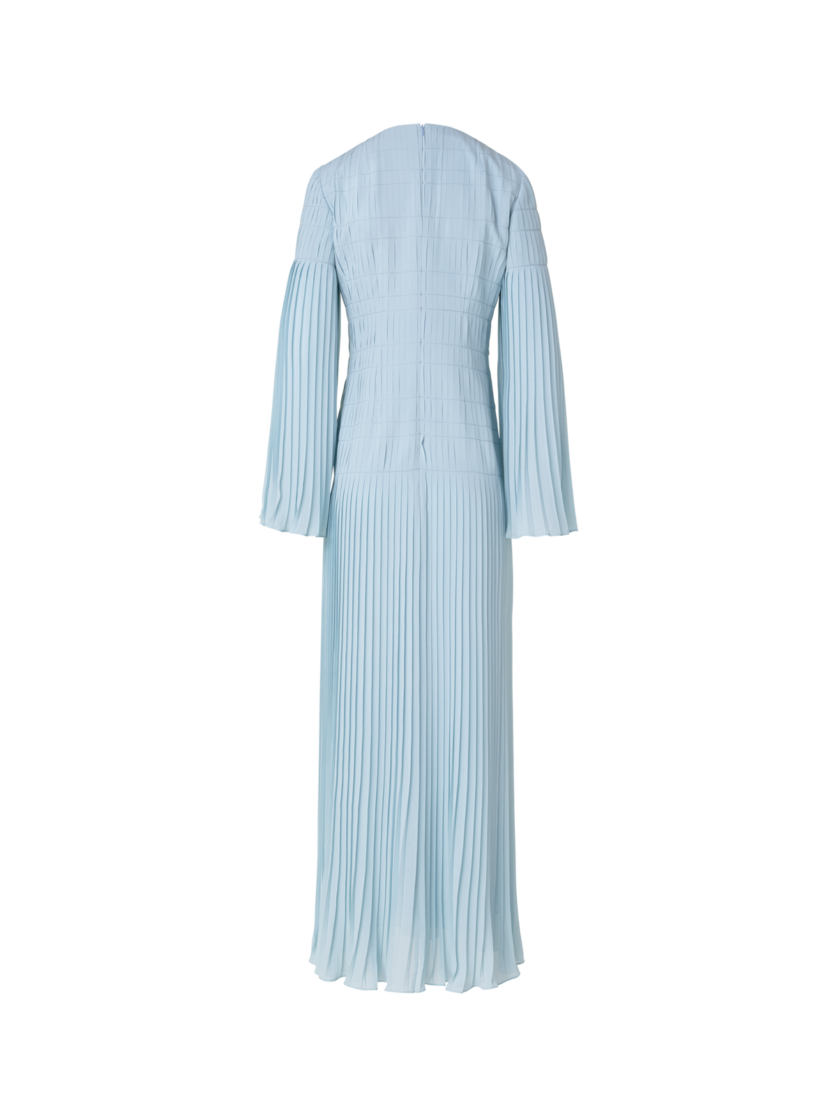 Designer Long Pleated Gown with Long Flared Sleeves - blue