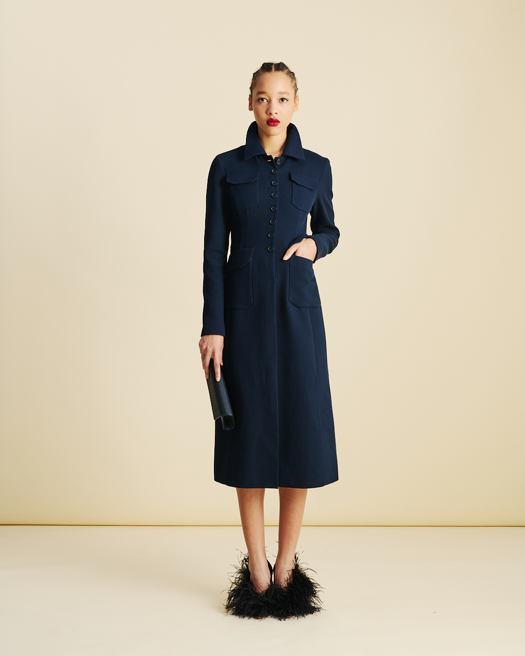 Designer Fitted Wool Double-Face Midi Coat Dress - neutral - navy - blue #editorial