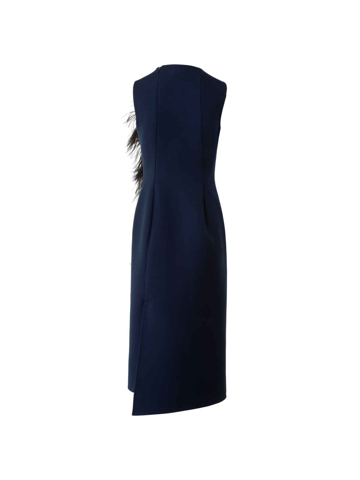 Designer Asymmetrical Midi Dress with Feather Trim - navy - blue - multicolor