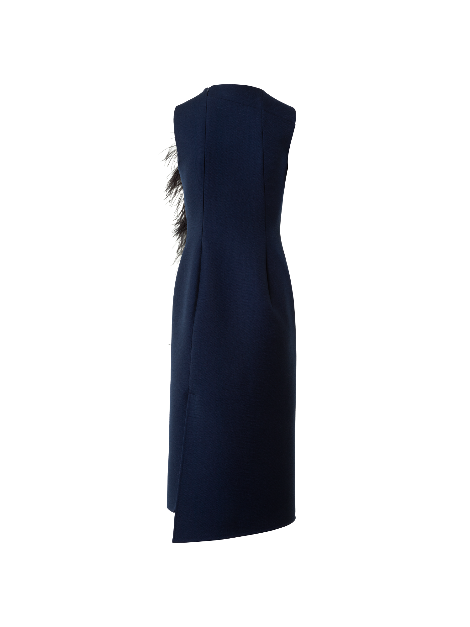 Designer Asymmetrical Midi Dress with Feather Trim - navy - blue - multicolor