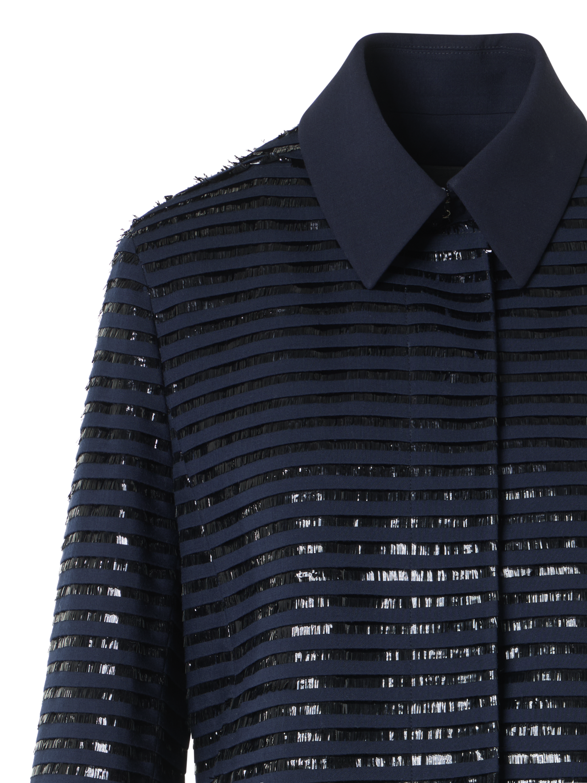 Designer Lamé Fringes Embroidered Wool Short Jacket - navy