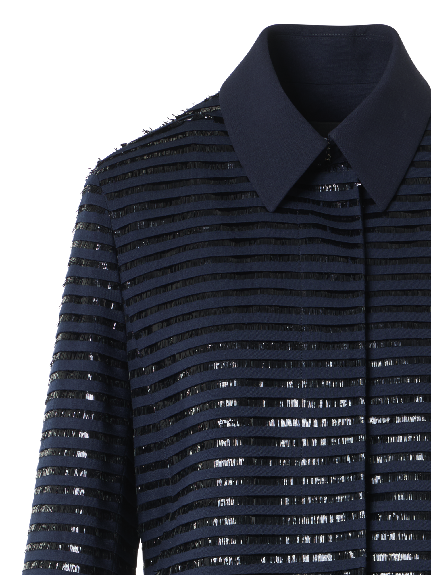 Designer Lamé Fringes Embroidered Wool Short Jacket - navy