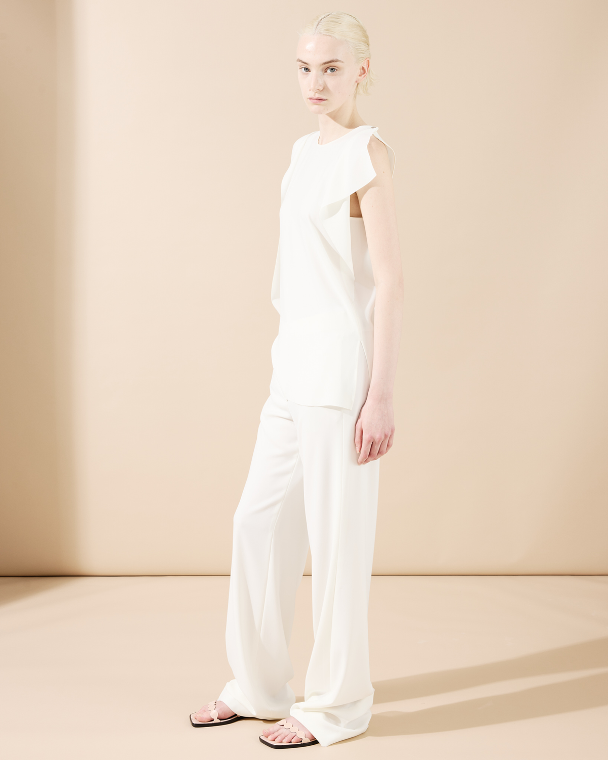 Designer Straight Laser Cut Pants with Elastic Waist - neutral - ecru - white #editorial