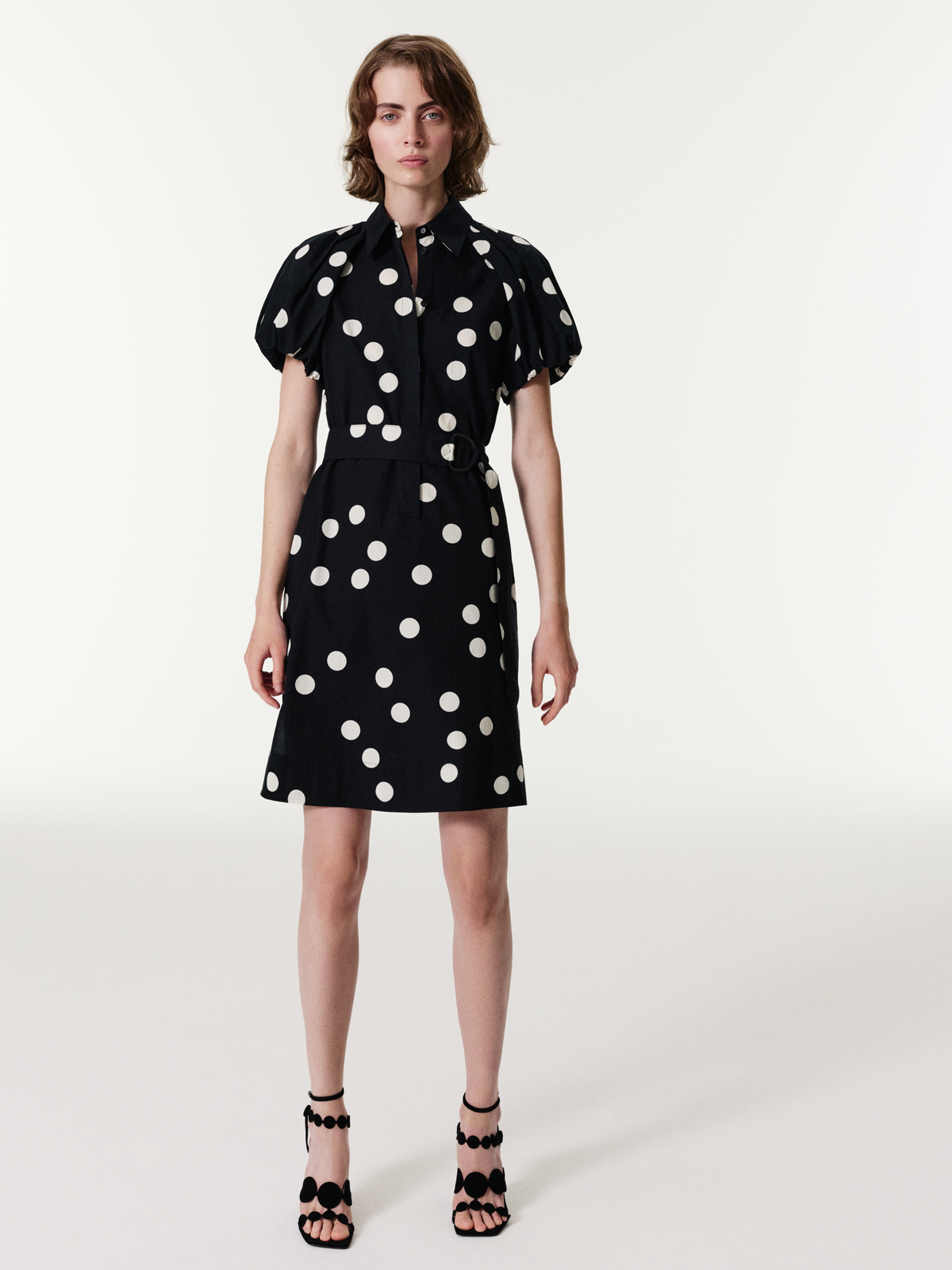 Designer Polka Dot Cotton Shirt Dress with Puff Sleeves - black #editorial