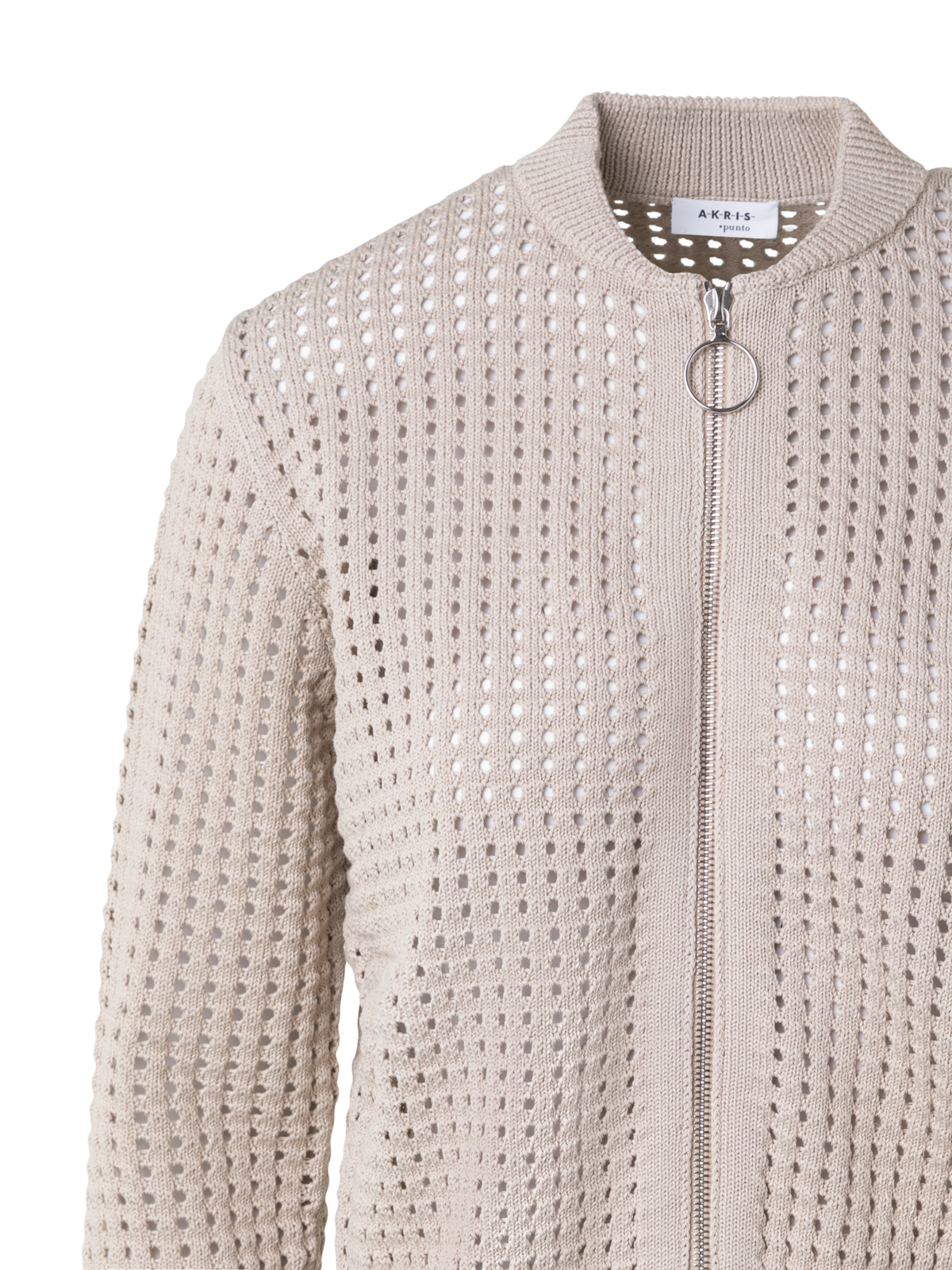 Designer Chunky Cotton Mesh Knit Bomber Cardigan - beige