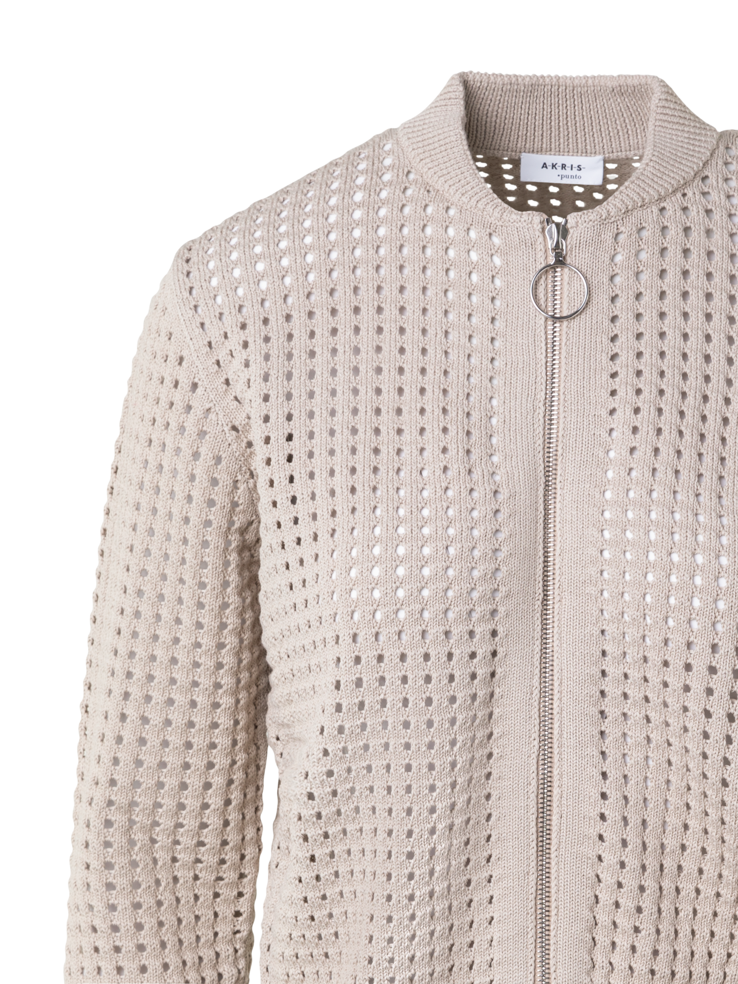 Designer Chunky Cotton Mesh Knit Bomber Cardigan - beige