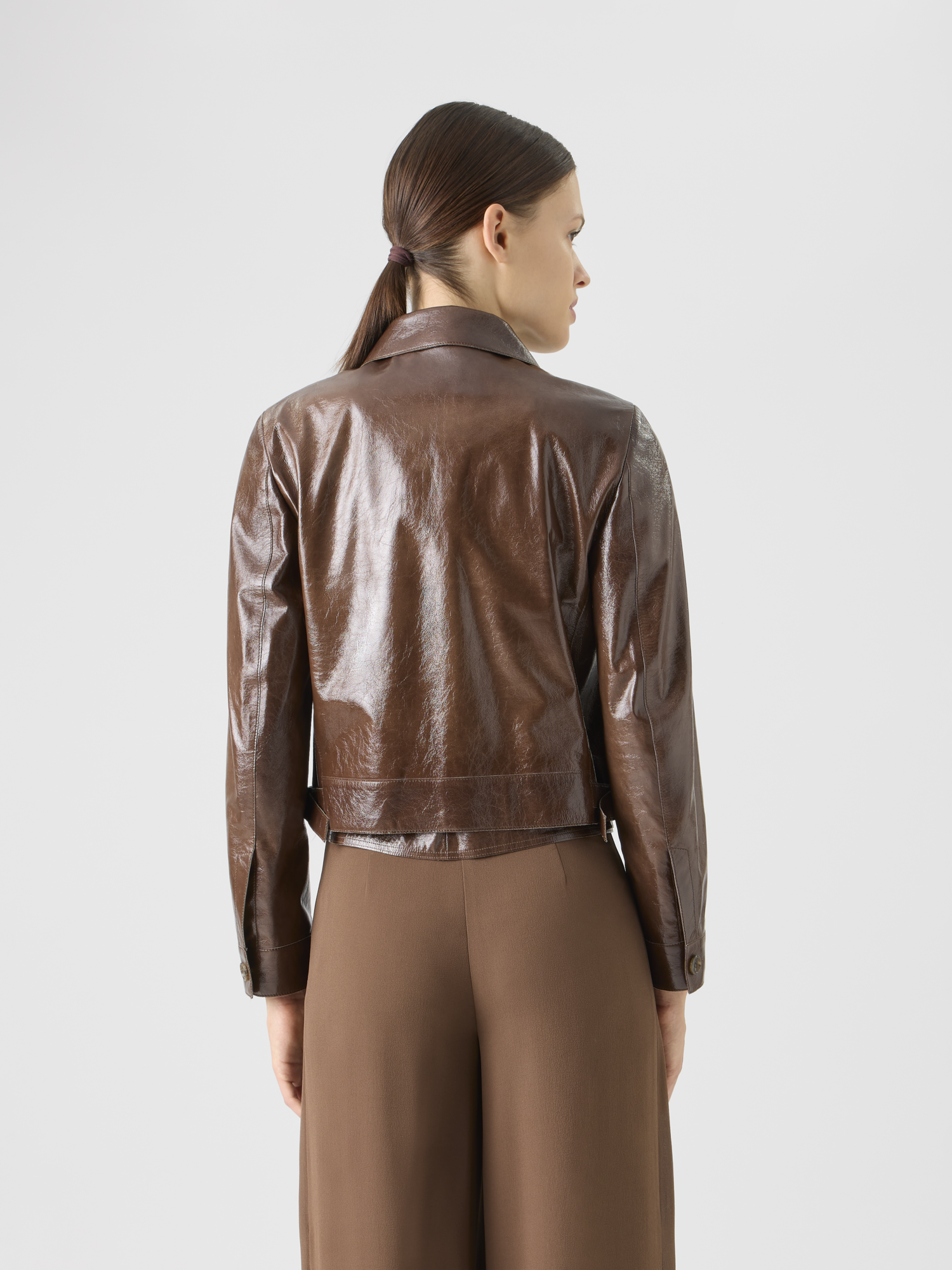 Designer Lacquered Leather Short Jacket - brown 