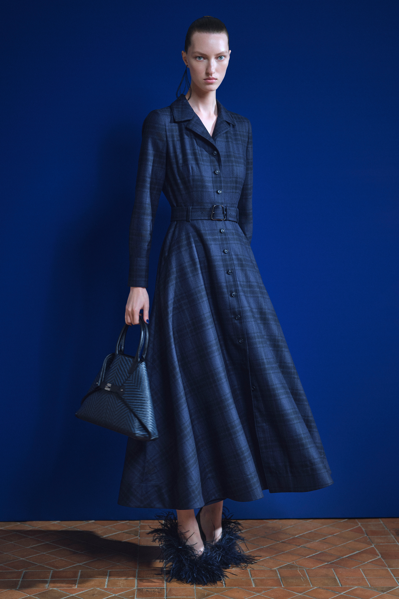 Designer Belted Wool Flannel Plaid Midi Shirt Dress - neutral - navy - blue 