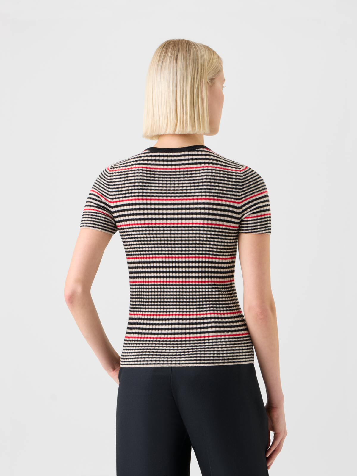 Designer Fitted Short Sleeve Merino Rib Striped Sweater - black - multicolor #editorial