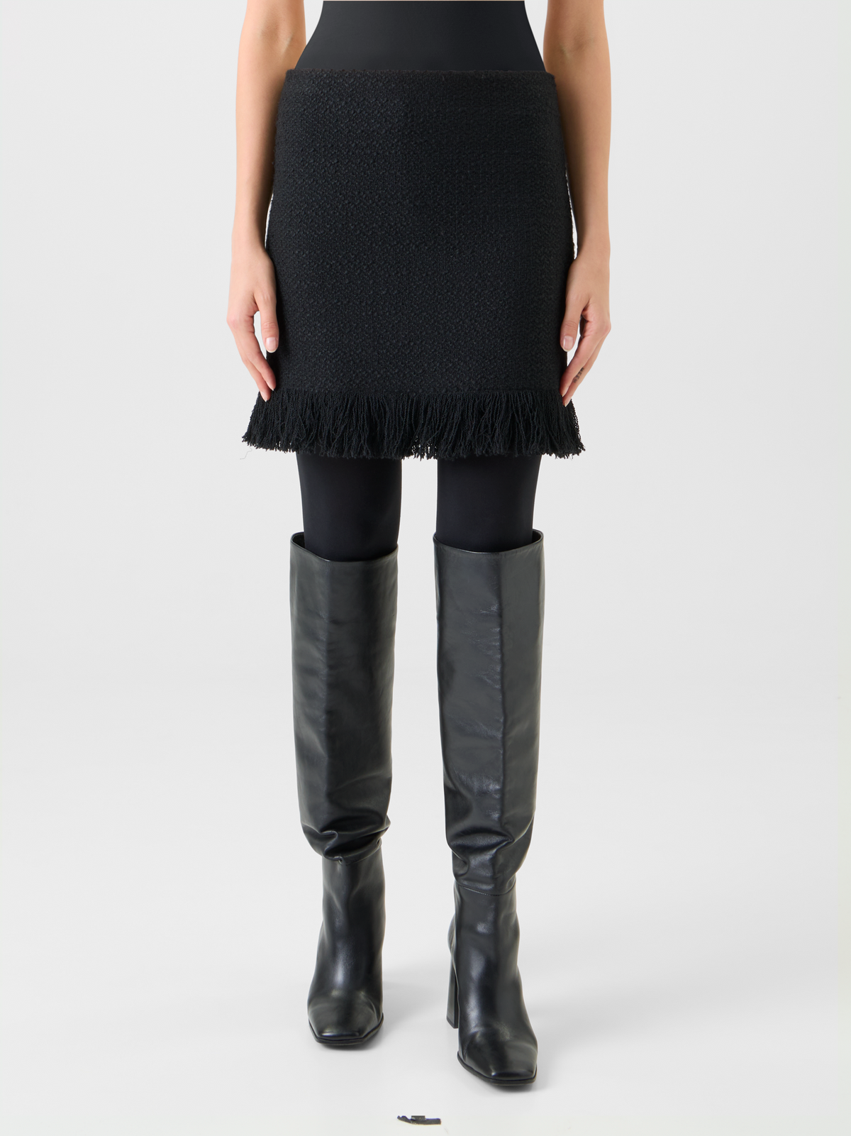 Designer Tweed Bouclé Fringe Hem Mini Skirt - black - neutral #editorial