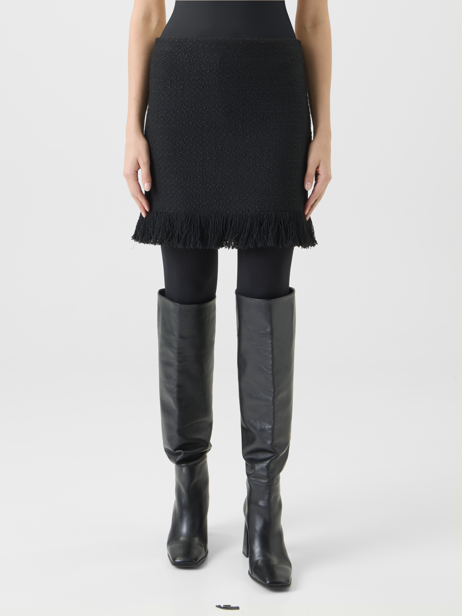 Designer Tweed Bouclé Fringe Hem Mini Skirt - black - neutral 