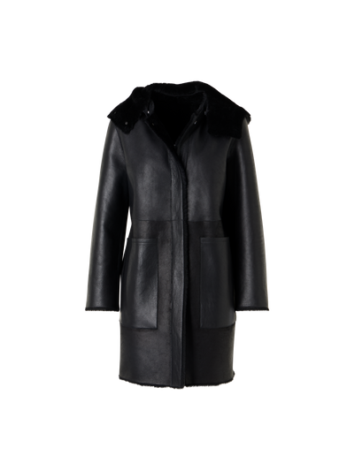 Designer Reversible Lamb Shearling Coat with Detachable Hood - black