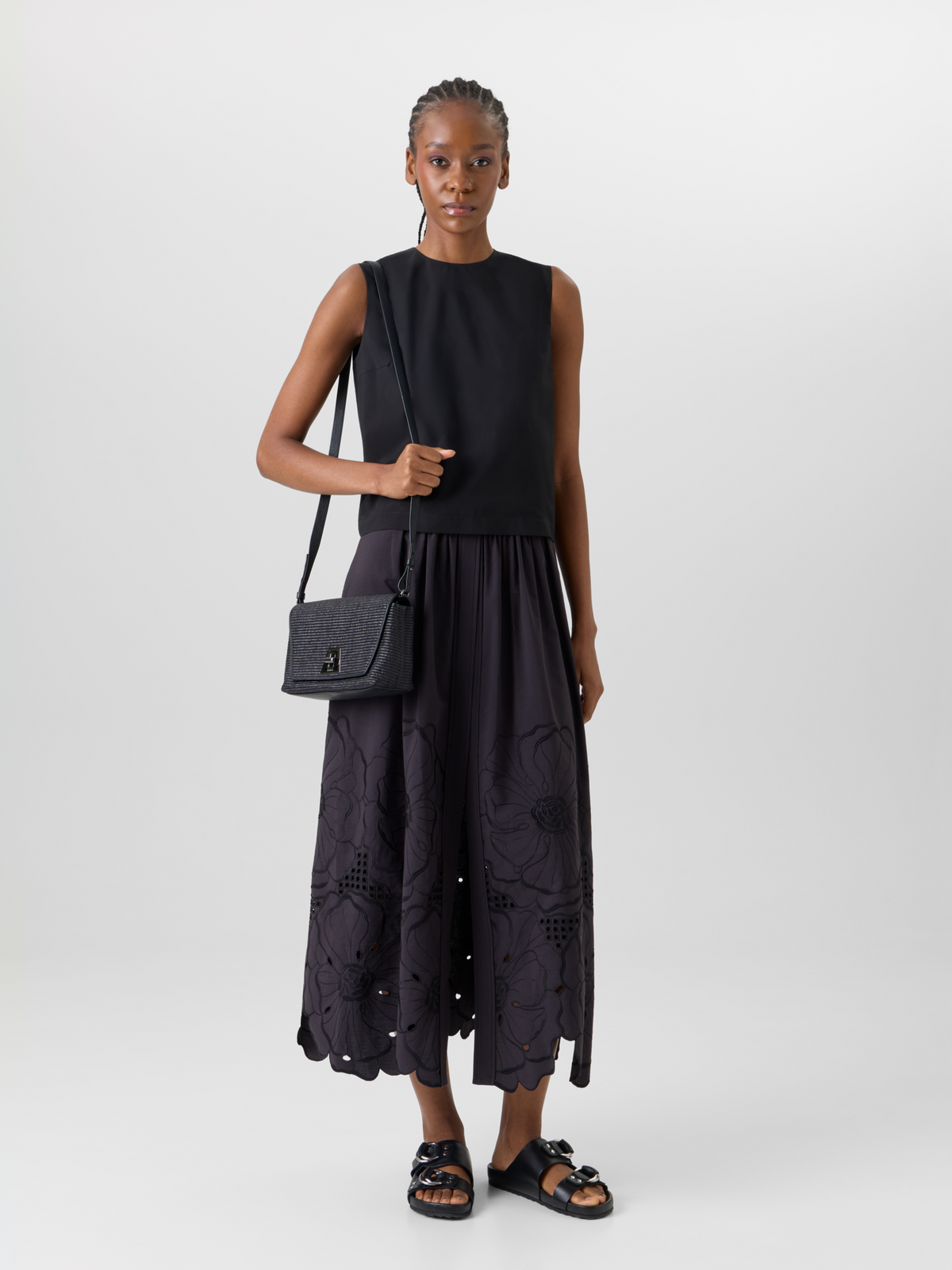 Designer Flared Flower Eyelet Midi Skirt - black #editorial